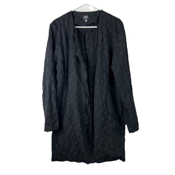 Eileen Fisher Sweaters - Eileen Fisher Womens Jacket Large Crinkle 100% Wool Black Cardigan long langenlo